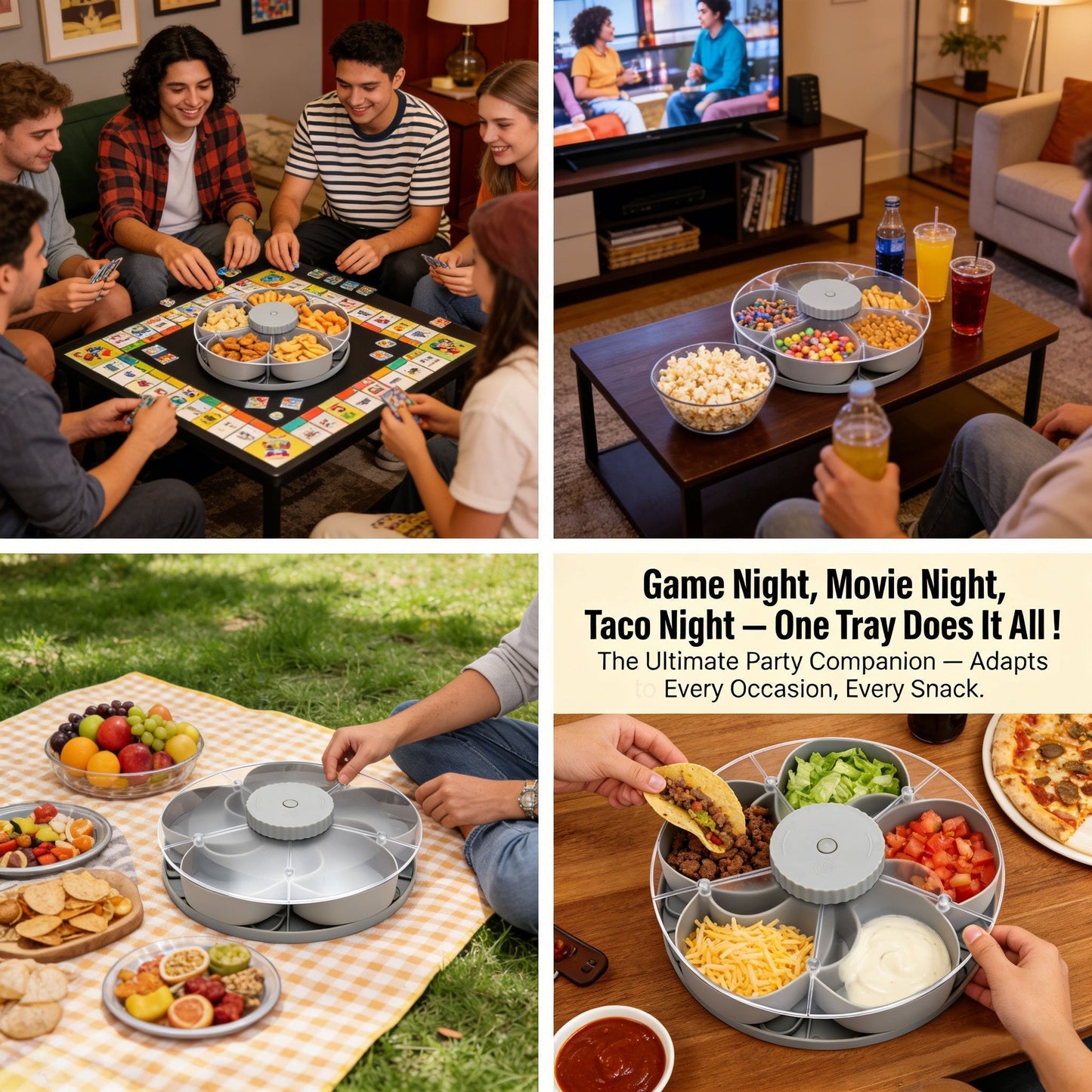 🎁Free Shipping！🍽️ Rotating 5-Compartment Snack Tray