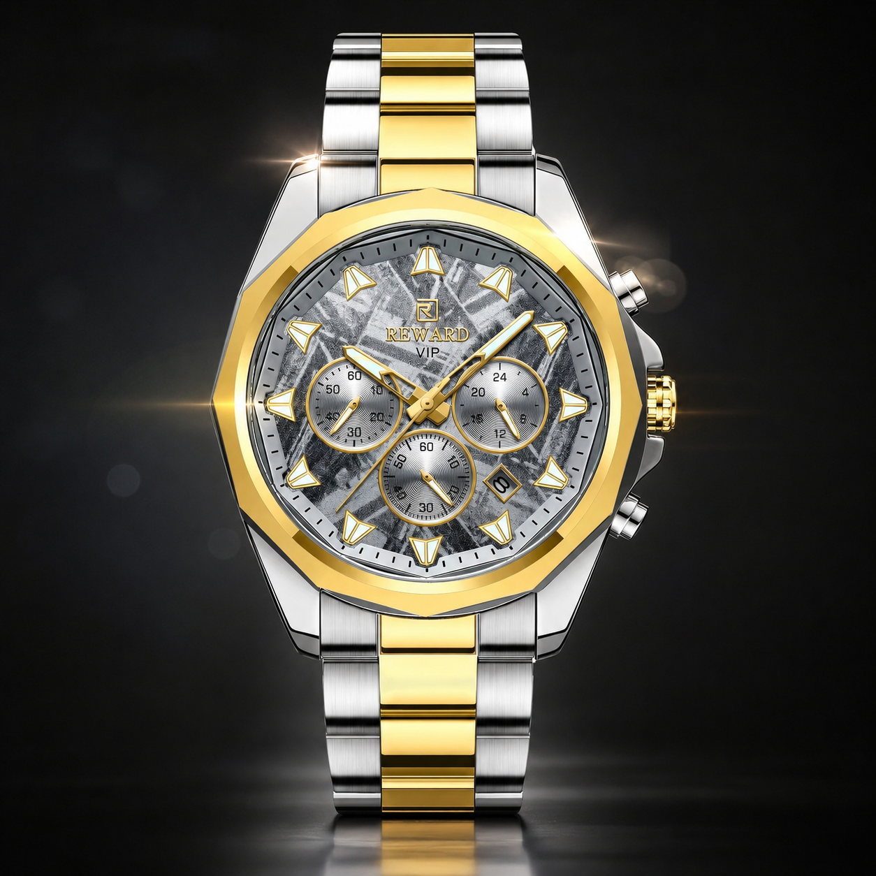 REWARD Iced-Out Luxury Men's Watch – Crystal Glass, Stainless Steel Band & Waterproof Quartz Movement