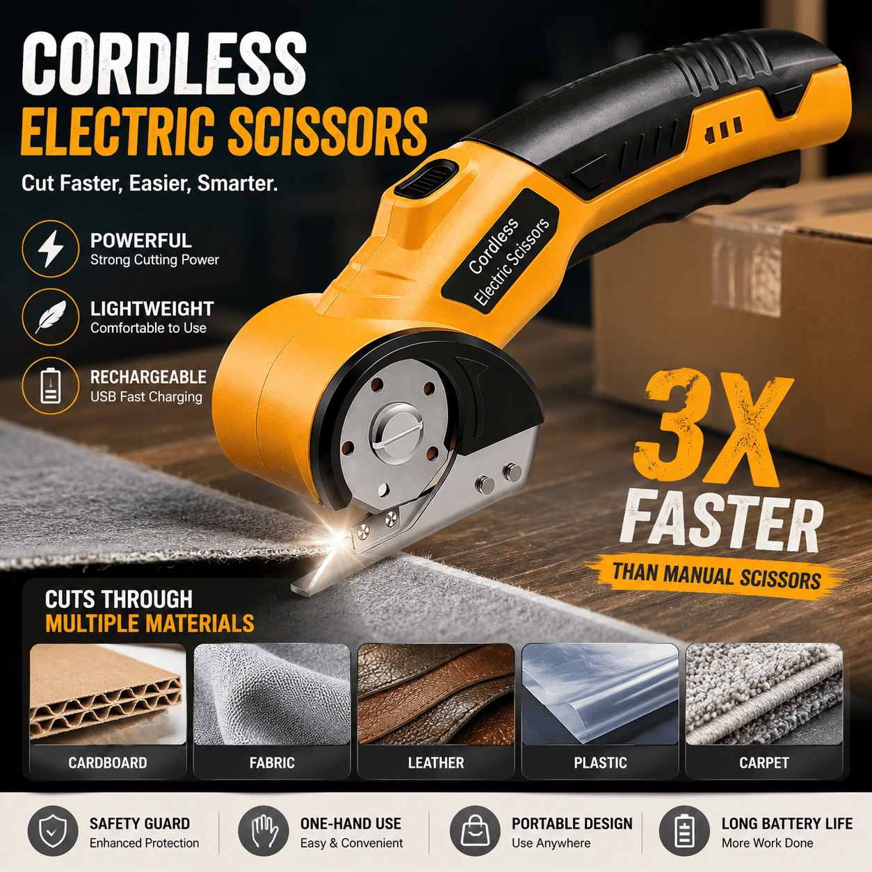 Cordless Electric Scissors: 3X Faster Rechargeable Rotary Cutter for Fabric, Cardboard, Leather & Carpet